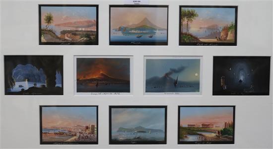 Neapolitan School (19th Century), gouache, three framed sets of miniature views, including Pompeii, Paestum, Vesuvius, etc. (18)